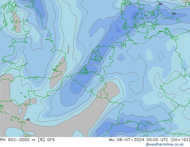 RH 600-3000 m GFS 星期一 08.07.2024 00 UTC