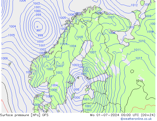 地面气压 GFS 星期一 01.07.2024 00 UTC
