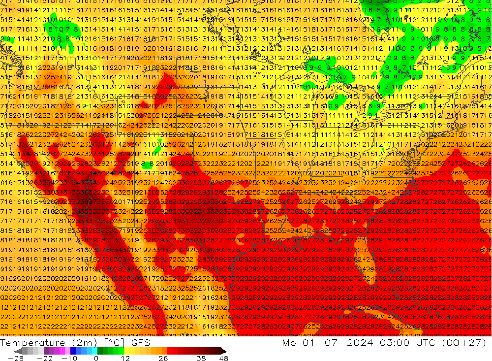 Temperatuurkaart (2m) GFS ma 01.07.2024 03 UTC