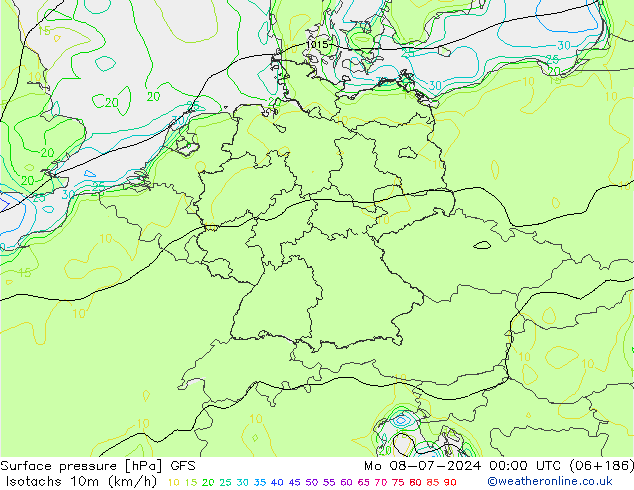 10米等风速线 (kph) GFS 星期一 08.07.2024 00 UTC