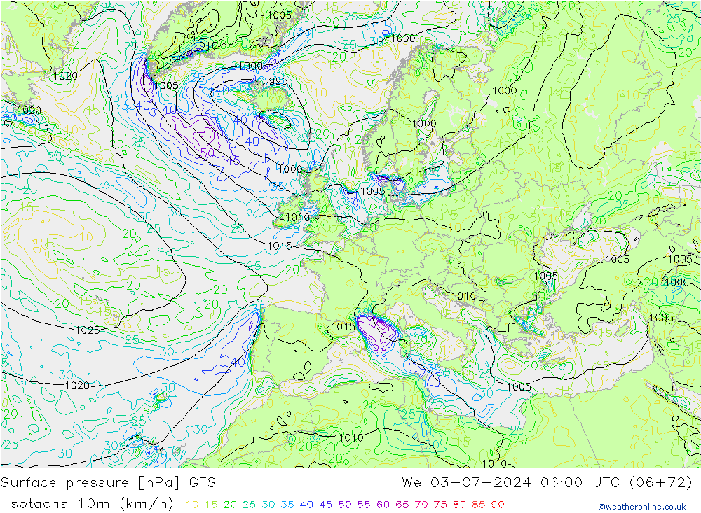 Isotachen (km/h) GFS wo 03.07.2024 06 UTC