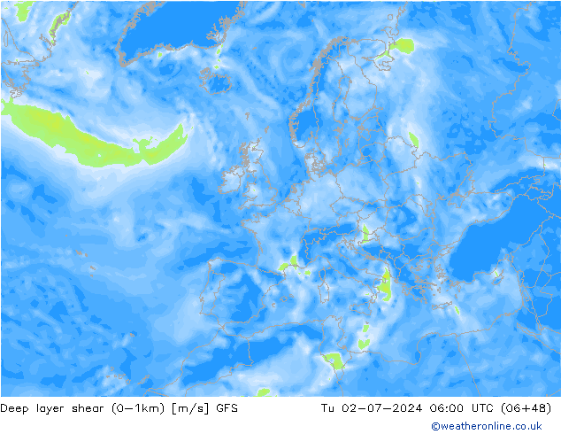 Deep layer shear (0-1km) GFS 星期二 02.07.2024 06 UTC