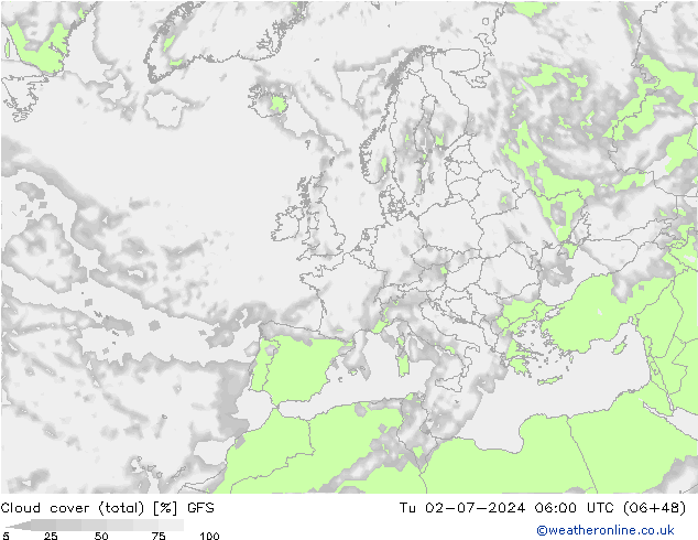 Bewolking (Totaal) GFS di 02.07.2024 06 UTC