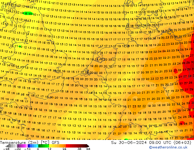 温度图 GFS 星期日 30.06.2024 09 UTC
