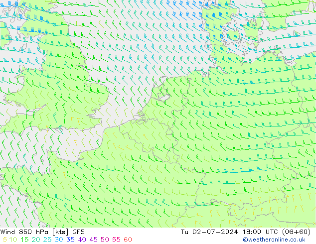 风 850 hPa GFS 星期二 02.07.2024 18 UTC