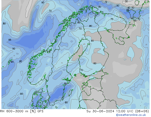RH 600-3000 m GFS 星期日 30.06.2024 12 UTC