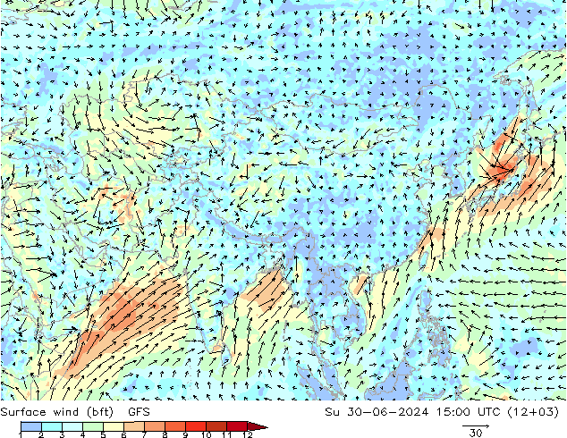 Wind 10 m (bft) GFS zo 30.06.2024 15 UTC
