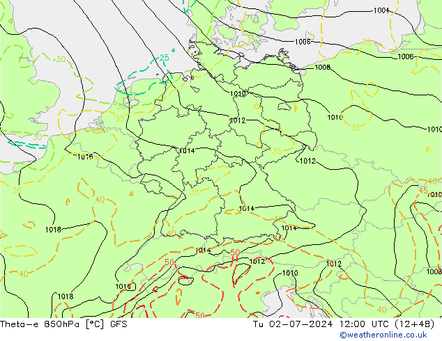 Theta-e 850hPa GFS di 02.07.2024 12 UTC