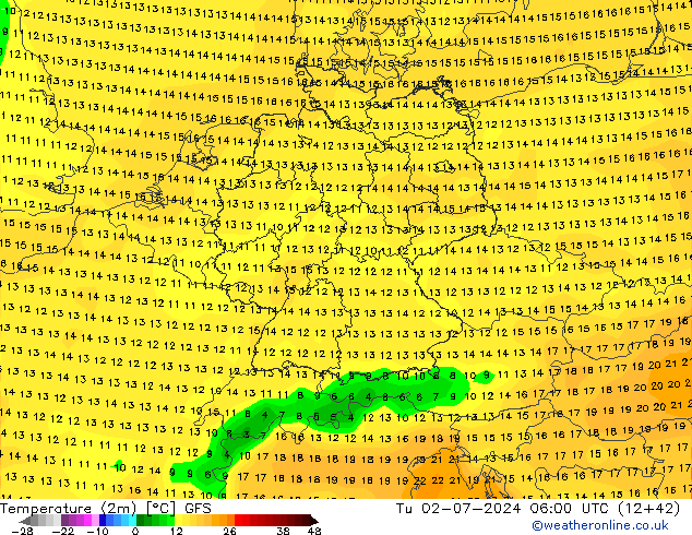 Temperatuurkaart (2m) GFS di 02.07.2024 06 UTC