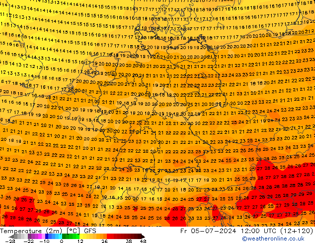 Temperatuurkaart (2m) GFS vr 05.07.2024 12 UTC