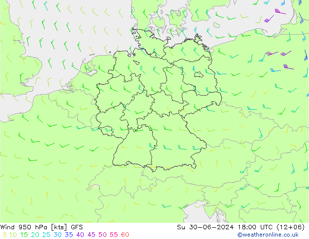 Neerslag 6h/Wind 10m/950 GFS zo 30.06.2024 18 UTC