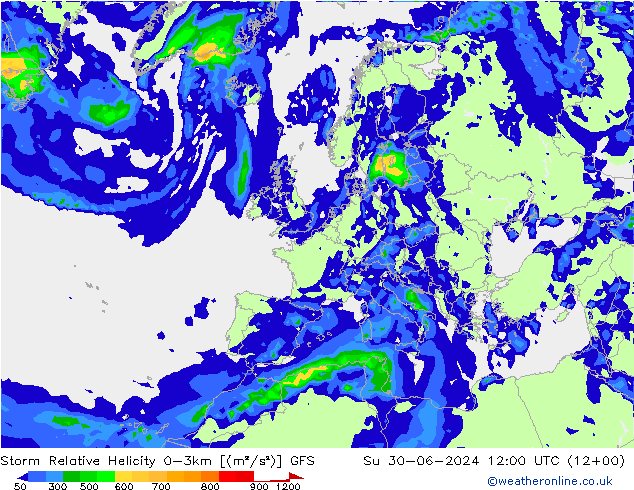 Storm Relative Helicity GFS zo 30.06.2024 12 UTC