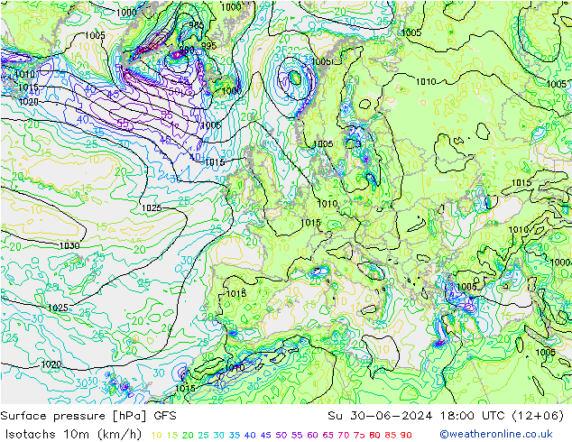10米等风速线 (kph) GFS 星期日 30.06.2024 18 UTC