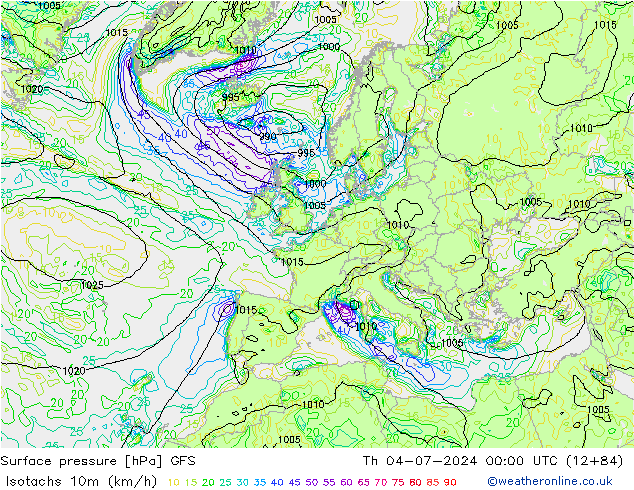 10米等风速线 (kph) GFS 星期四 04.07.2024 00 UTC