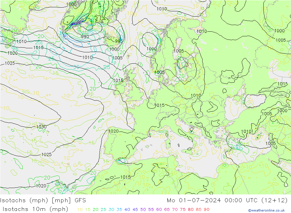 Isotachs (mph) GFS 星期一 01.07.2024 00 UTC