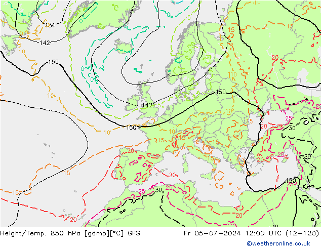 Hoogte/Temp. 850 hPa GFS vr 05.07.2024 12 UTC