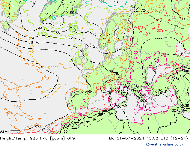 Height/Temp. 925 hPa GFS 星期一 01.07.2024 12 UTC