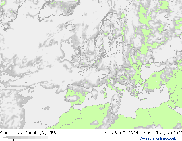 Bewolking (Totaal) GFS ma 08.07.2024 12 UTC