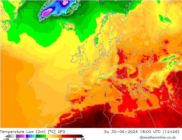 Temperature Low (2m) GFS 星期日 30.06.2024 18 UTC