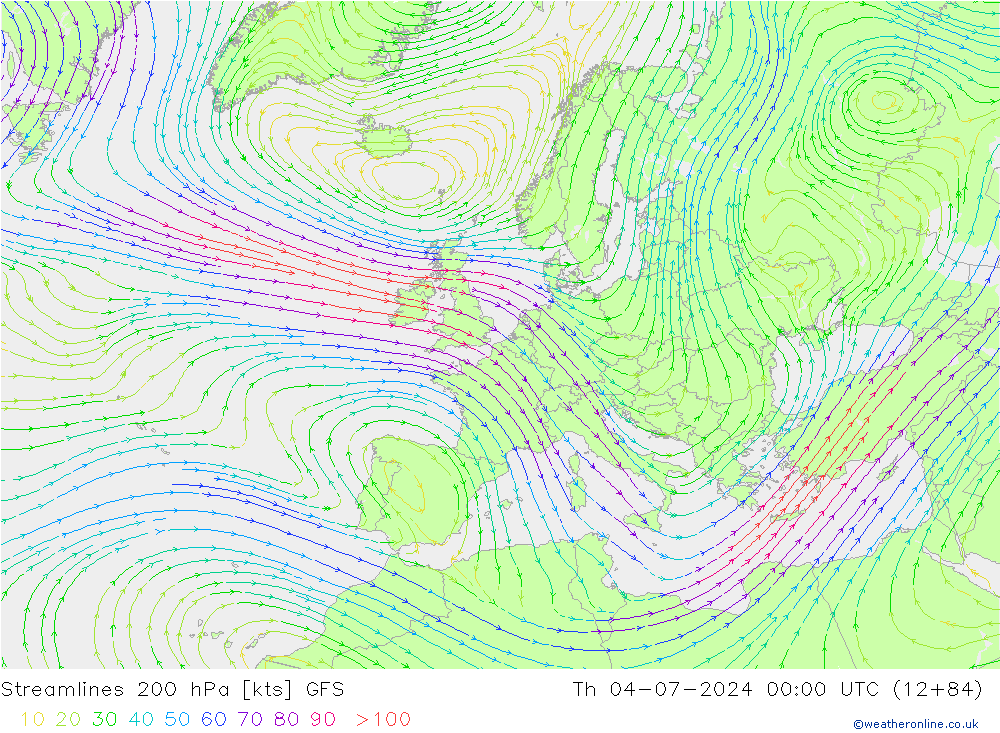 风 200 hPa GFS 星期四 04.07.2024 00 UTC