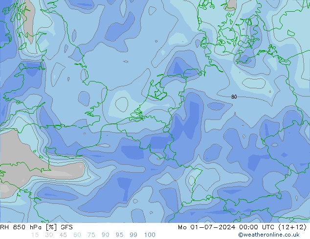 RH 850 hPa GFS 星期一 01.07.2024 00 UTC