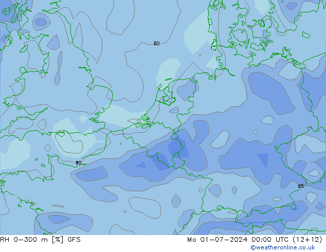 RH 0-300 m GFS 星期一 01.07.2024 00 UTC