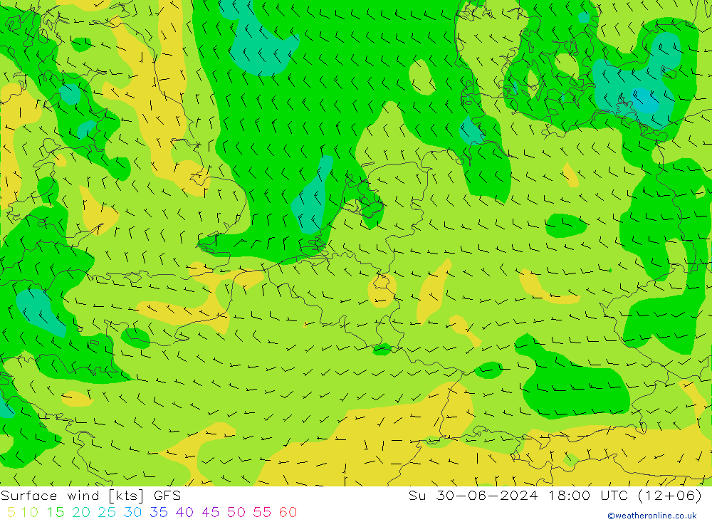 Prec 6h/Wind 10m/950 GFS 星期日 30.06.2024 18 UTC