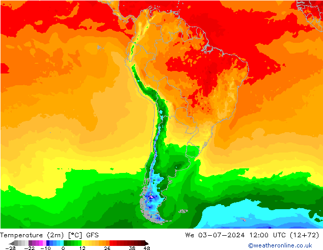 Temperatuurkaart (2m) GFS wo 03.07.2024 12 UTC