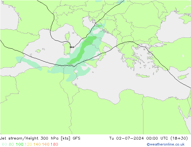 Straalstroom GFS di 02.07.2024 00 UTC