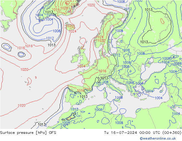 地面气压 GFS 星期二 16.07.2024 00 UTC