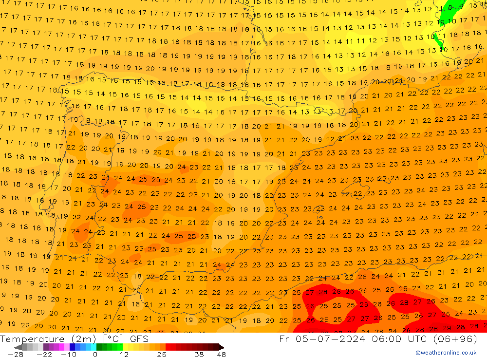Temperatuurkaart (2m) GFS vr 05.07.2024 06 UTC