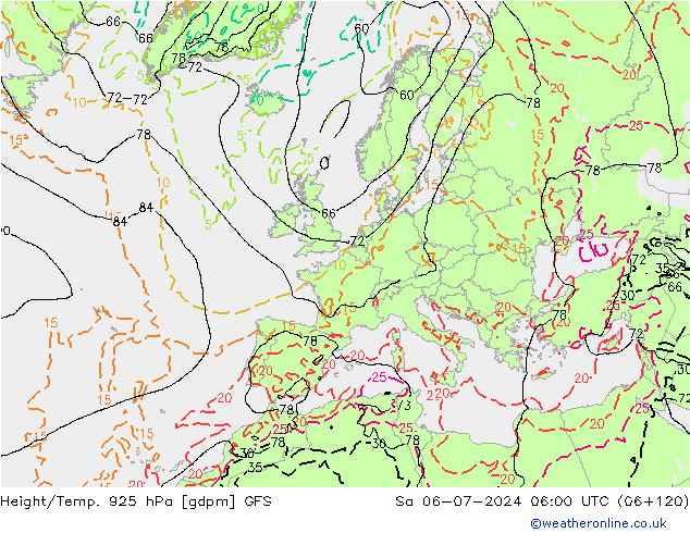 Hoogte/Temp. 925 hPa GFS za 06.07.2024 06 UTC