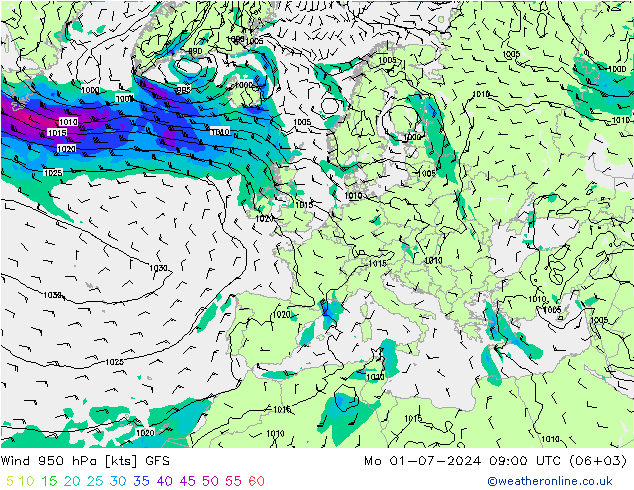 风 950 hPa GFS 星期一 01.07.2024 09 UTC