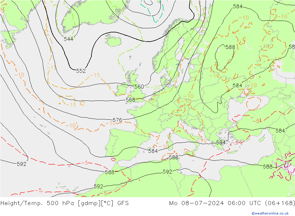 Hoogte/Temp. 500 hPa GFS ma 08.07.2024 06 UTC