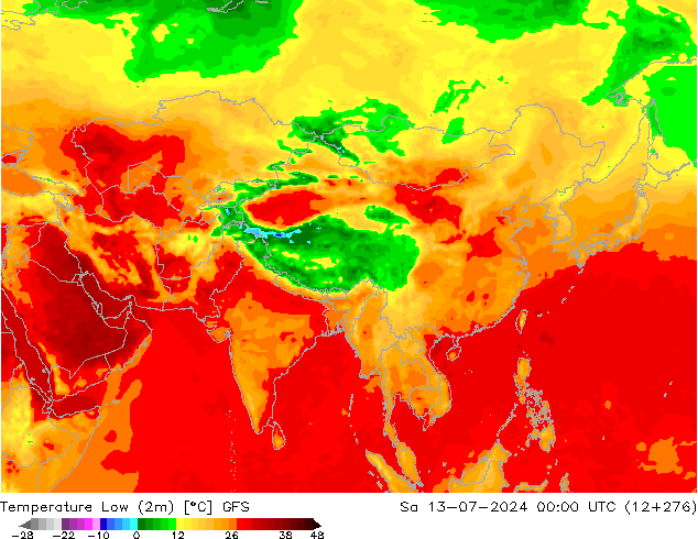 Min.temperatuur (2m) GFS za 13.07.2024 00 UTC