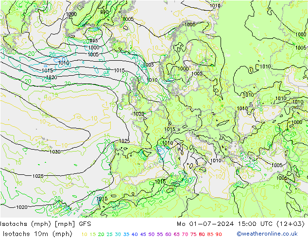 Isotachs (mph) GFS 星期一 01.07.2024 15 UTC