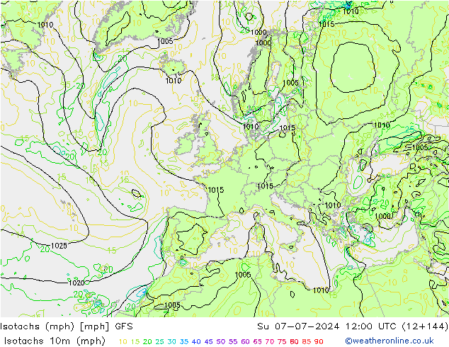 Isotachen (mph) GFS zo 07.07.2024 12 UTC