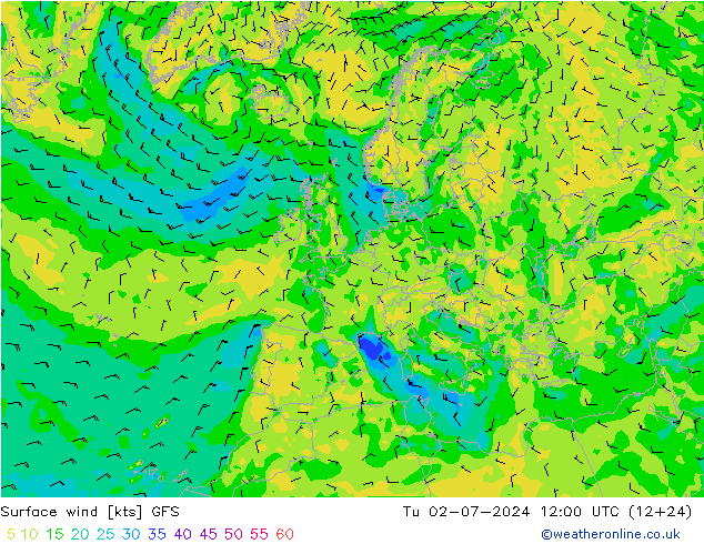 风 10 米 GFS 星期二 02.07.2024 12 UTC