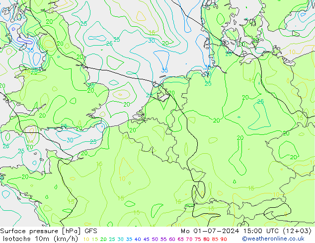 10米等风速线 (kph) GFS 星期一 01.07.2024 15 UTC
