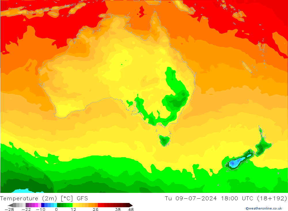 Temperatuurkaart (2m) GFS di 09.07.2024 18 UTC