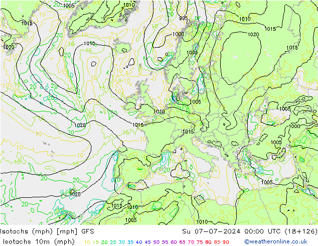 Isotachen (mph) GFS zo 07.07.2024 00 UTC