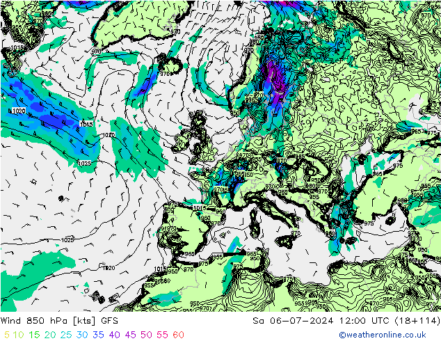 Wind 850 hPa GFS za 06.07.2024 12 UTC
