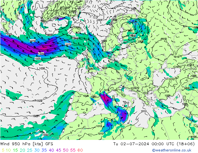 风 950 hPa GFS 星期二 02.07.2024 00 UTC