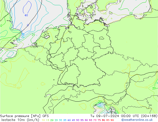 10米等风速线 (kph) GFS 星期二 09.07.2024 00 UTC
