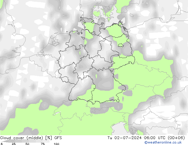 Bewolking (Hoog,Middelb.,Laag) GFS di 02.07.2024 06 UTC