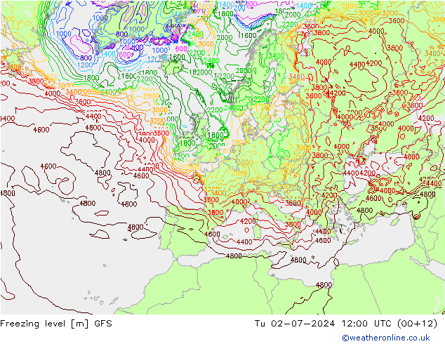 Freezing level GFS 星期二 02.07.2024 12 UTC