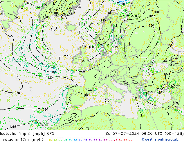 Isotachs (mph) GFS 星期日 07.07.2024 06 UTC