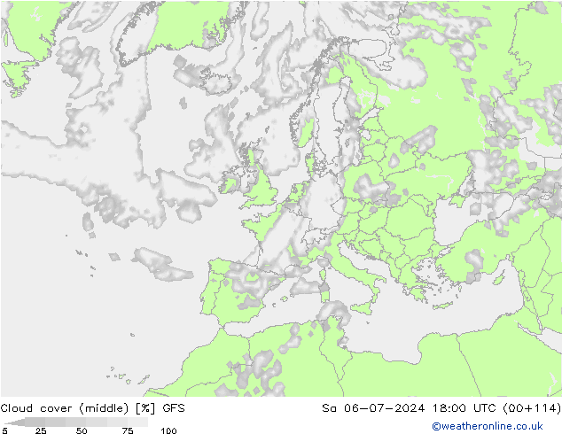 Bewolking (Middelb.) GFS za 06.07.2024 18 UTC
