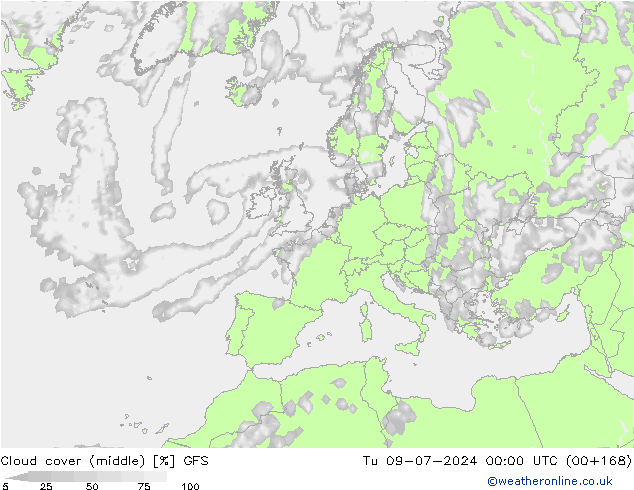 Bewolking (Middelb.) GFS di 09.07.2024 00 UTC
