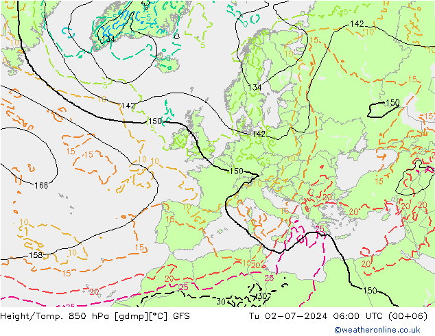 Z500/Rain (+SLP)/Z850 GFS 星期二 02.07.2024 06 UTC